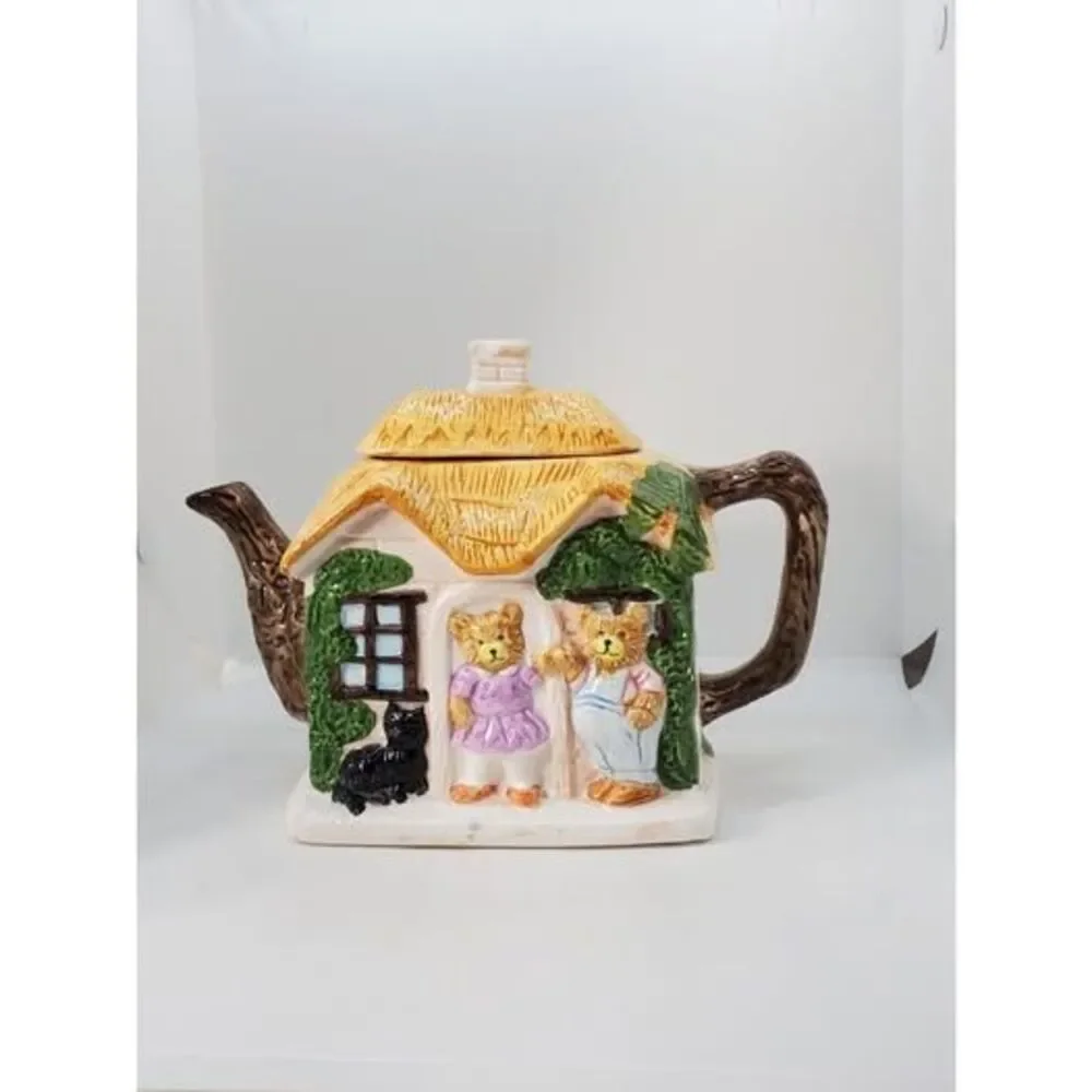 Vintage 1993 Teddy Bear Teapot Cottagecore Cottage House Hand Painted Ceramic